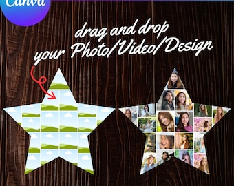 Pode incluir: Dois modelos de colagem de fotos em forma de estrela em um fundo de madeira. O modelo à esquerda tem um padrão azul e verde. O modelo à direita tem uma grade de fotos de mulheres. O texto "drag and drop your Photo/Video/Design" está escrito em vermelho e branco.