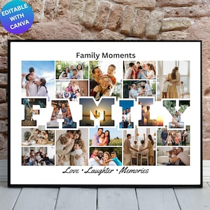 Op de afbeelding: Een ingelijste collage getiteld "Family Moments" met familiefoto's gerangschikt in de vorm van het woord "FAMILY". De collage bevat de woorden "Love, Laughter, Memories" onderaan. De tekst "EDITABLE WITH CANVA" staat linksboven.