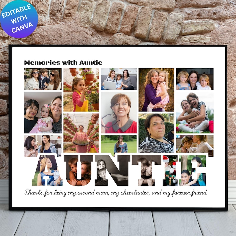 May include: A framed photo collage titled "Memories with Auntie." The collage features multiple photos of women and children. The word "AUNTIE" is prominently displayed in the center, with text below that reads, "Thanks for being my second mom, my cheerleader, and my forever friend."