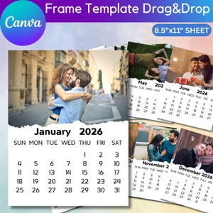 Könnte beinhalten: Eine anpassbare Kalendervorlage mit Fotos, mit dem Text "Frame Template Drag&Drop" und "8.5"x11" SHEET". Der Kalender enthält Monate wie Januar, Mai, Juni, November und Dezember mit Daten für 2026.