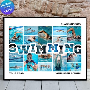 Schwimmen-Fotocollage Canva Rahmenvorlage, anpassbares Sportposter, bearbeitbares Schwimmteam-Andenken, Senior Night Memory Board