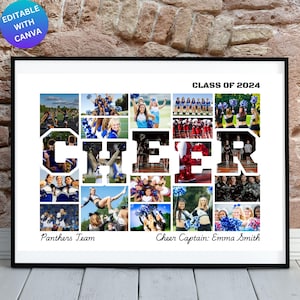 以下が含まれることがあります： 白い写真のコラージュで、「CHEER」という単語が黒い文字で書かれています。コラージュには、青と白のユニフォームを着たチアリーディングチームの写真が掲載されています。コラージュの上部には「Class of 2024」というテキストがあります。コラージュの左下には「Panthers Team」というテキストがあります。コラージュの右下には「Cheer Captain: Emma Smith」というテキストがあります。