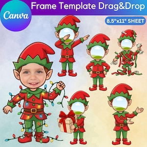 May include: A Canva frame template with six cartoon elf characters in red and green outfits. Each elf has a blank face area for photo insertion. One elf holds Christmas lights, another a gift, and others strike various poses. The sheet size is 8.5"x11".