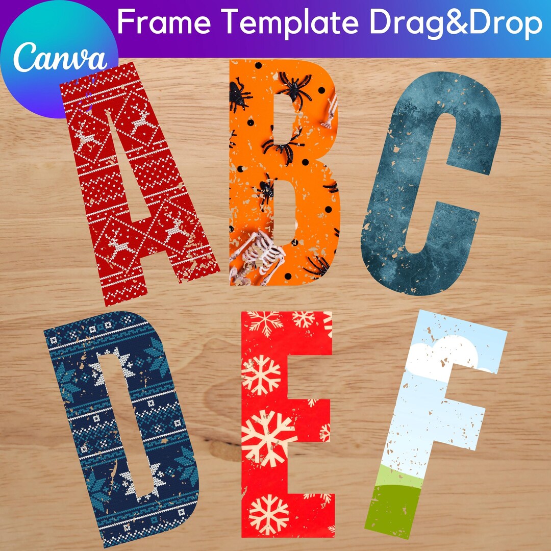 Retro Alphabet Canva Frames Template Bundle: Drag & Drop Photo Letters ...