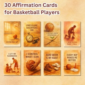 Cartões de afirmação para jogadores de basquete, fundo de aquarela, papel digital para mídias sociais, impressão, diários, pôsteres, decoração de vestiário