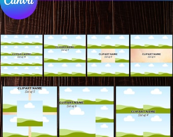 May include: A digital template for creating social media graphics. The template features a blue sky with white clouds and green hills. The text "CLIPART NAME" and "Set of 9" is displayed on the template.