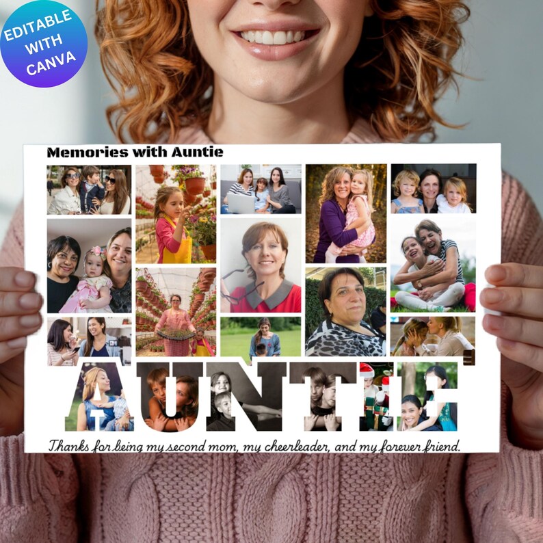 May include: A white photo collage with the text "Memories with Auntie" and "AUNTIE". The collage includes multiple photos of people. The text "Thanks for being my second mom, my cheerleader, and my forever friend" is also present.