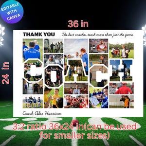 K&ouml;nnte beinhalten: Eine Collage aus Fotos, die einen Trainer mit dem Text "Danke" und "Die besten Trainer lehren mehr als nur das Spiel" ehrt. Die Collage ist 91,44 cm breit und 60,96 cm hoch. Der Text "Coach Alex Harrison" befindet sich am unteren Rand der Collage.