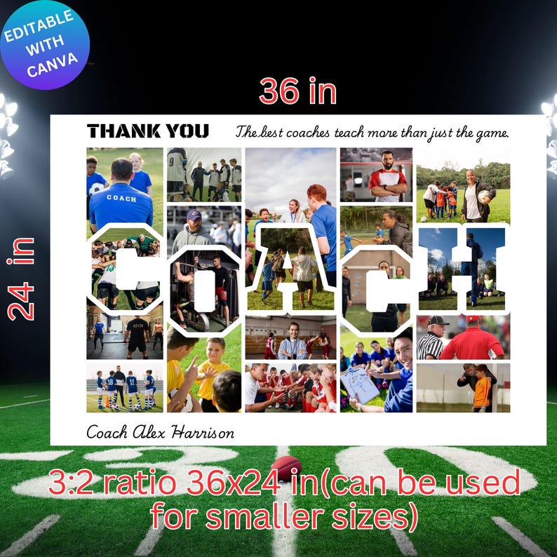 K&ouml;nnte beinhalten: Eine Collage aus Fotos, die einen Trainer mit dem Text "Danke" und "Die besten Trainer lehren mehr als nur das Spiel" ehrt. Die Collage ist 91,44 cm breit und 60,96 cm hoch. Der Text "Coach Alex Harrison" befindet sich am unteren Rand der Collage.