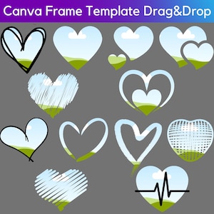 May include: A set of 12 heart-shaped frames with different designs, including a sky with clouds, a green field, and a heart with a heartbeat line. These frames are ideal for adding a personal touch to your photos and projects.
