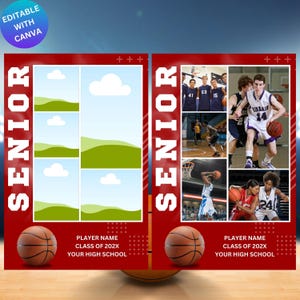May include: Red and white basketball senior sign with a collage of basketball players and a basketball in the bottom corner. The sign says "Senior" in white letters and has the text "Player Name, Class of 202X, Your High School".