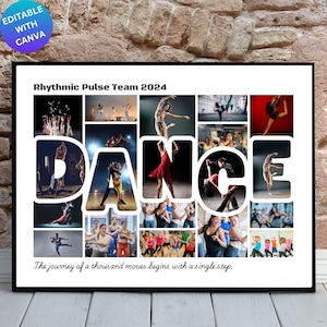 Op de afbeelding: Een witte poster met een zwarte lijst met een collage van foto's van dansers. De poster heeft de tekst "Rhythmic Pulse Team 2024" en "DANCE" in grote witte letters. De tekst "The journey of a thousand moves begins with a single step." staat onderaan de poster.
