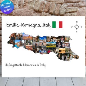 Może przedstawiać: Biały plakat z napisem Emilia-Romagna, Italy, włoską flagą, różą wiatrów oraz napisem Unforgettable Memories in Italy. W centrum znajduje się kolaż różnych zdjęć ułożonych w kształt mapy tego regionu Włoch.