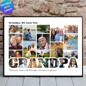 Op de afbeelding: Een ingelijste fotocollage met het woord "GRANDPA" in grote letters. De collage bevat meerdere foto's van een opa met zijn familie. De tekst bovenaan luidt "Grandpa, We Love You" en onderaan "Memories made with Grandpa are treasures forever."