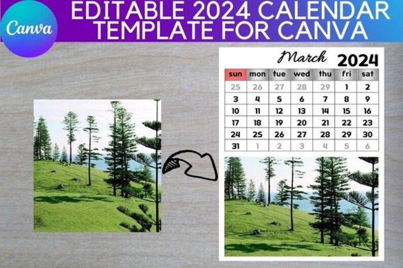 2024 Calendar Canva Frame Template,canva Calendar Mockup,fully Editable