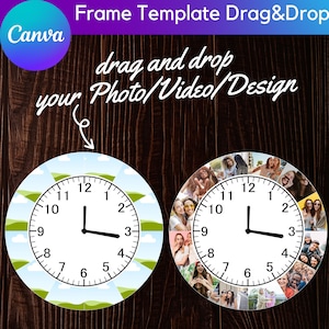 May include: Two white clock faces with black hands and numbers. The clock face on the left has a blue sky and green grass background. The clock face on the right has a collage of photos of people smiling and laughing.