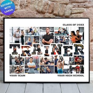 May include: A collage of photos featuring people working out in a gym. The photos are arranged to form the word "TRAINER". The text "CLASS OF 20XX", "YOUR TEAM", and "YOUR HIGH SCHOOL" are also included in the collage.