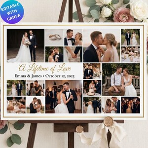 May include: A wedding photo collage template featuring multiple images of a couple, gold border, and the text A Lifetime of Love, Emma & James, October 12, 2025. The layout includes various wedding scenes, rings, and a cake, with an editable design.