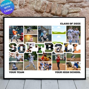 Plantilla de marco de lienzo para collage de fotos de sóftbol, póster personalizado para la noche de los mayores, regalo digital editable para jugadores o entrenadores de sóftbol