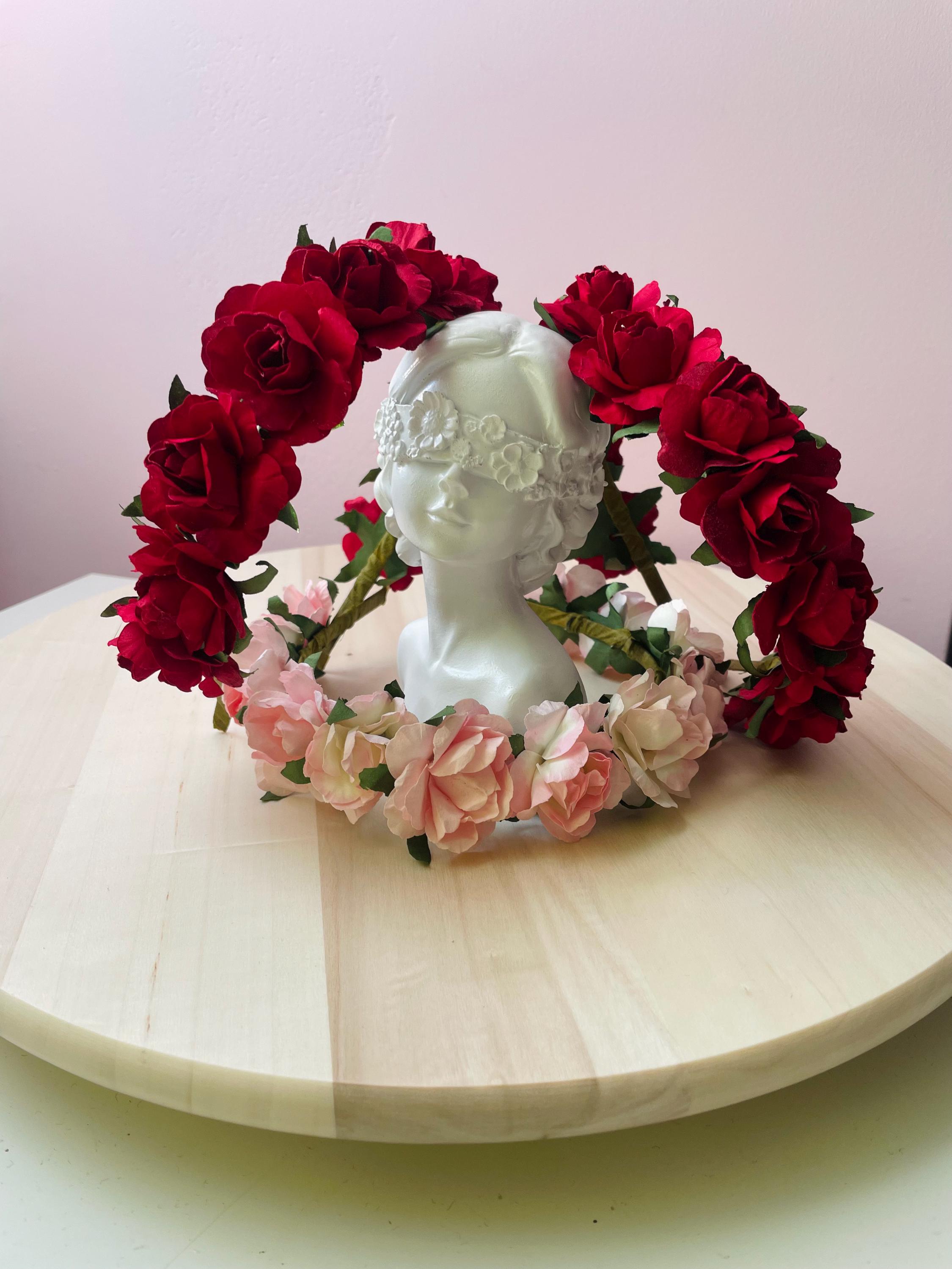 Corona Di Fiori Per Capelli Con Rose E Peonia – Ghirlanda Floreale Regolabile, Rosso