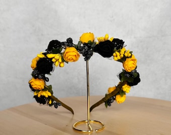 Ghirlanda con fiori neri e gialli, fascia per capelli ispirata a Tassorosso, fascia per capelli con ape, fascia per capelli da tifoso del Borussia Dortmund,