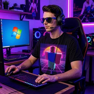 May include: A person wearing sunglasses and a headset is seated at a desk, using a computer. The person is wearing a black t-shirt with a graphic design. The keyboard and mouse are illuminated with colorful lights. A computer monitor displays the Windows logo.