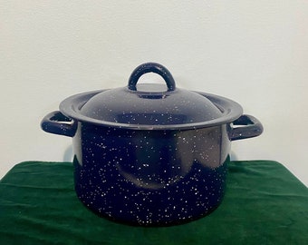 Blue & White Speckled Enamelware Soup Pot