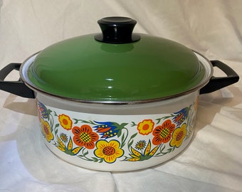 Retro 1970's Floral Enamelware Soup Pot
