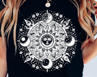 Mystischer Mond und Sonne Shirt, himmlischer Mond Shirt, Boho Vintage Mond Halloween Shirt, ästhetisches Shirt, Mondphase Shirt, Boho Vintage Mond