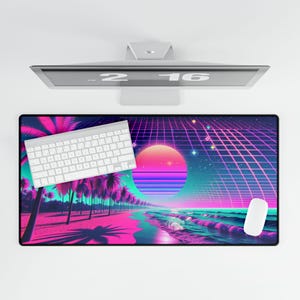 Alfombrilla de escritorio con diseño geométrico de neón Synthwave, alfombrilla extendida para juegos Vaporwave retro vibrante de los años 80, alfombrilla con objetos geométricos estéticos de los años 90