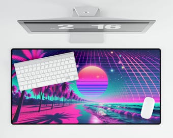 Neon Synthwave bureaumat met geometrisch patroon, jaren 80 retro levendige Vaporwave Gaming verlengde muismat, jaren 90 geometrische esthetische objecten muismat