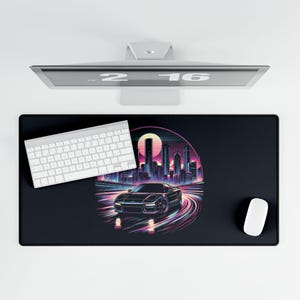 Vaporwave Purple Neon City Desk Mat Retro Japanese Anime Mousepad Extended Gamer Deskpad xxl xl, Cyberpunk Tokyo Lofi Deskmat Lo fi Street