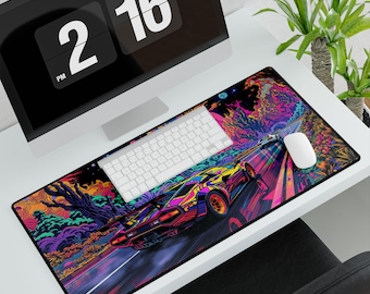 May include: A large, rectangular mouse pad featuring a vibrant, colorful illustration of a sports car racing on a road. The design incorporates neon colors and a psychedelic landscape. A white keyboard and mouse are on the pad.