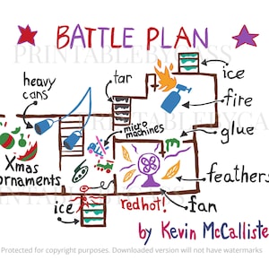 Può includere: Un'illustrazione stravagante, disegnata a mano, di un "Piano di battaglia" con testo ed elementi etichettati come "Xmas ornaments", "fire" e "fan". Il design include una planimetria con dettagli colorati e il testo "by Kevin McCallister".