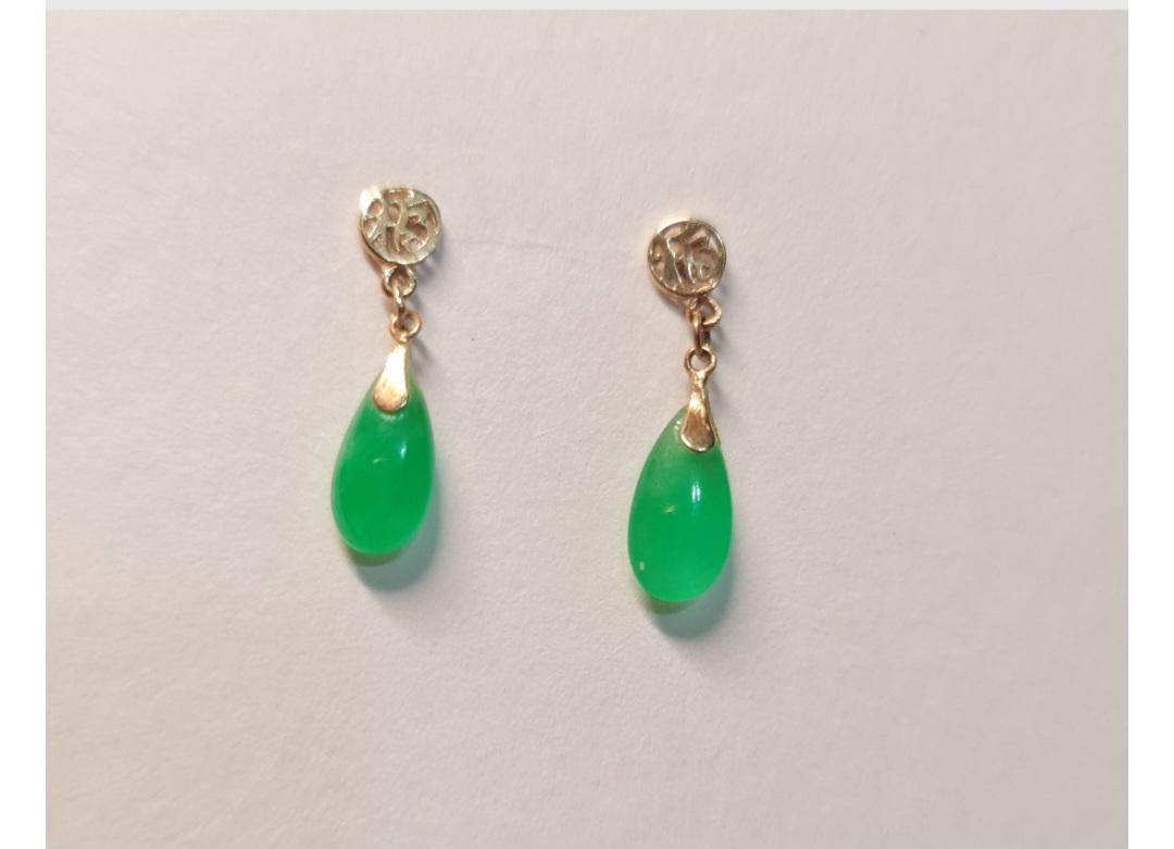 14Kゴールド585翡翠ドロップイヤリング（新入荷）、オリエンタル