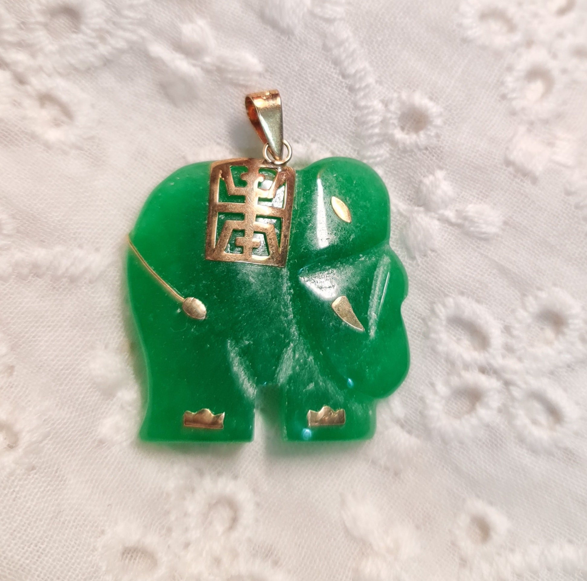 Solid 14k Gold Jade Elephant Pendent