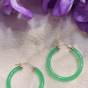 14k solid gold Jade hoop earrings, rare