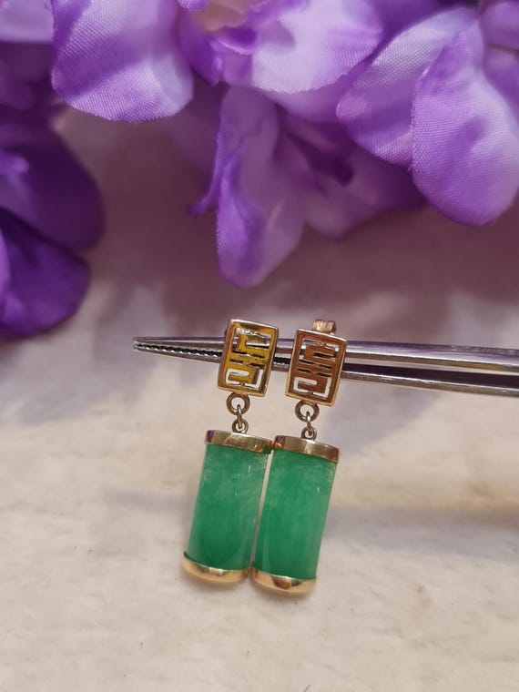 14k 585 Solid Gold Jade Rectangular Dangling Earrings