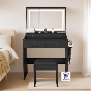 Black Large Mirror Vanity Desk with Power Outlet and Hair Dryer Holder