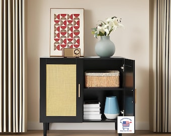 Black Rattan Sideboard Buffet Cabinet with Adjustable Shelves Natural