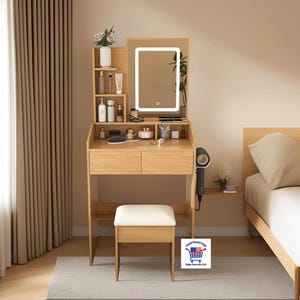Wood Vanity Table with LED Mirror Power Outlet Hairdryer Holder Stool