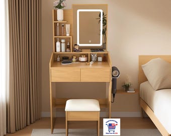 Wood Vanity Table with LED Mirror Power Outlet Hairdryer Holder Stool