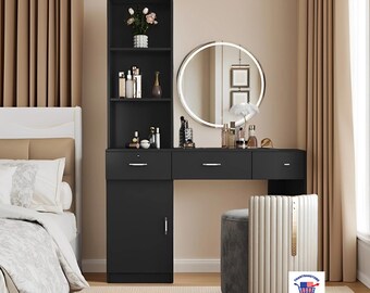 Black Modern Hair Desk Multi Layer Storage Large Space Vanity