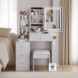 White Small Space Vanity Table with LED Mirror Stool Power Station