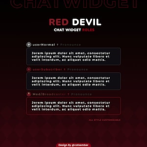 以下が含まれることがあります： 赤と黒のカラーテーマのRed Devil Chat Widget Rolesのグラフィック。このグラフィックは、userNormal、userSubscriber、Mod/Broadcasterの3つの異なるユーザーロールを示しています。各ロールには、そのロールで使用できるチャットウィジェット機能の説明があります。