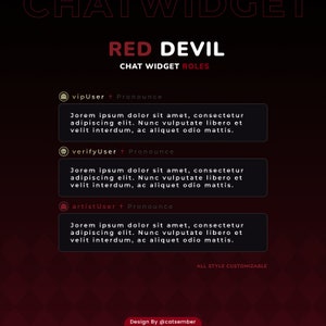 以下が含まれることがあります： 「RED DEVIL」と「CHAT WIDGET ROLES」というテキストが書かれた赤と黒のグラフィックデザイン。チャットウィジェットの役割が3つ表示されています。vipUser、verifyUser、artistUserです。各役割には、「Jorem ipsum dolor sit amet, consectetur adipiscing elit. Nunc vulputate libero et velit interdum, ac aliquet odio mattis.」という説明があります。