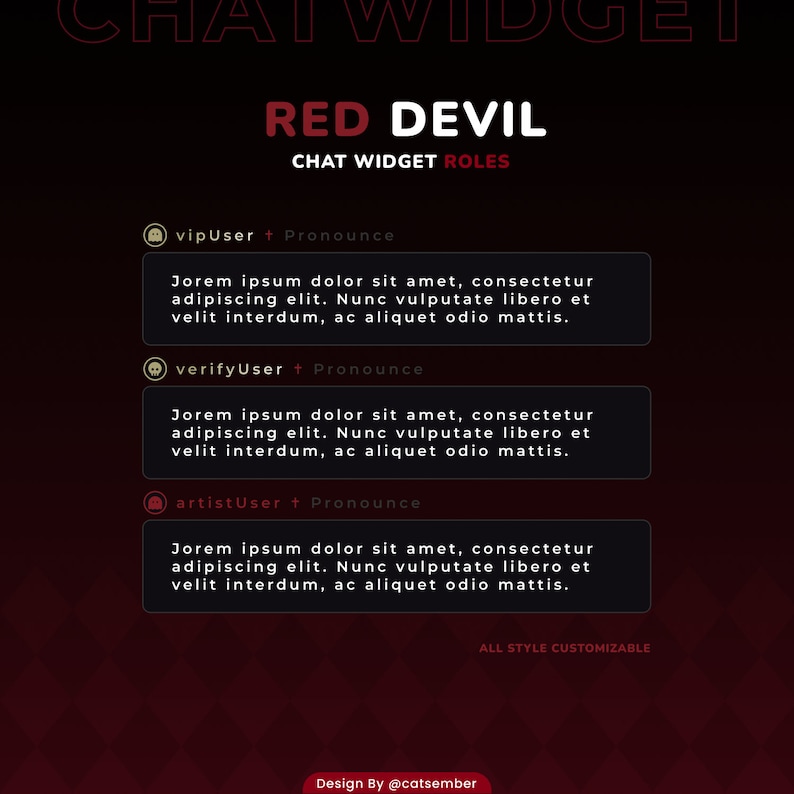 以下が含まれることがあります： 「RED DEVIL」と「CHAT WIDGET ROLES」というテキストが書かれた赤と黒のグラフィックデザイン。チャットウィジェットの役割が3つ表示されています。vipUser、verifyUser、artistUserです。各役割には、「Jorem ipsum dolor sit amet, consectetur adipiscing elit. Nunc vulputate libero et velit interdum, ac aliquet odio mattis.」という説明があります。