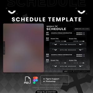 May include: A black and white schedule template with a Halloween theme. The template includes a weekly schedule with days of the week, times, and space for stream information. The template also includes a space for an offline message. The template is designed to be used for Twitch or YouTube streaming.