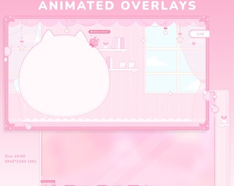 Pink Meow Room Animated Stream Overlay: Vtuber Twitch Assets