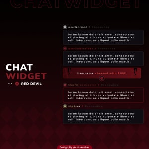Könnte beinhalten: Ein rotes und schwarzes Chat-Widget mit dem Text "CHAT WIDGET... RED DEVIL" oben. Das Widget zeigt verschiedene Benutzertypen mit Nachrichten an, darunter "userNormal", "userSubscriber", "Mod/Broadcaster" und "vipUser".